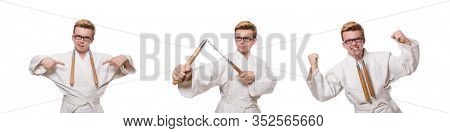 Funny karate fighter with nunchucks on white