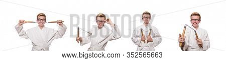 Funny karate fighter with nunchucks on white