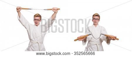 Funny karate fighter with nunchucks on white