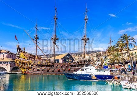 Pirate Ship Built For Roman Polanski Movie Pirates Now Docked At A Port In Genoa, Italy - March 9, 2