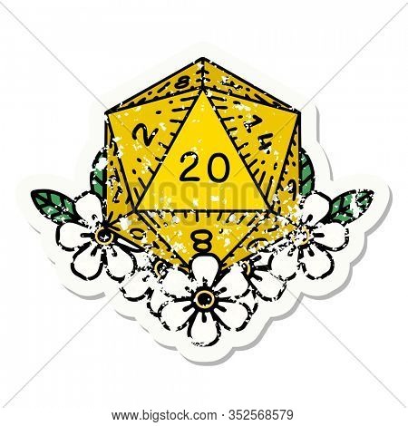 distressed sticker tattoo in traditional style of a d20