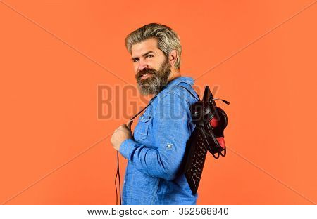 Inspiration For Blogging. Happy Gamer Playing Computer Game. Digital Music Creation. Man Listen Head