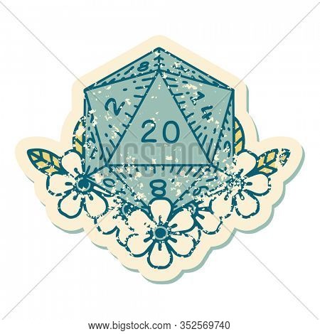 iconic distressed sticker tattoo style image of a d20
