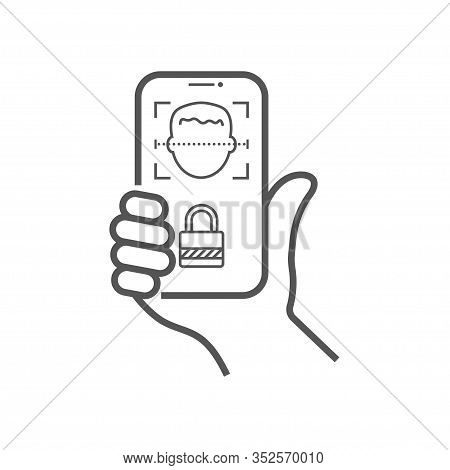 Biometric Identification, Face Recognition System Concept. Smartphone In Hand Scans A Person Face. F