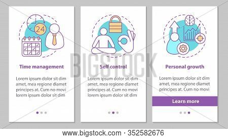 Personal Qualities Onboarding Mobile App Page Screen With Linear Concepts. Time Management, Self Con