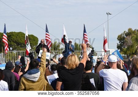 SANTA ANA, CALIFORNIA - 21 FEB 2020: Reggae singer Pato Banton warms up the crowd at a Bernie Sanders Rally at Santa Ana Valley High School.