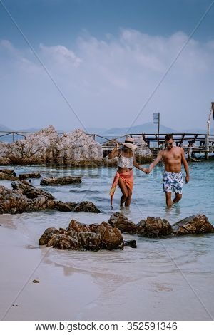 Beautiful Tropical Island Beach - Koh Kham, Trat Thailand Pattaya Asia, Couple Relax On Tropical Isl