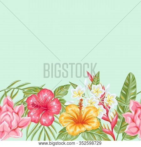 Seamless Pattern With Tropical Flowers And Leaves. Decorative Exotic Foliage, Palms And Plants.