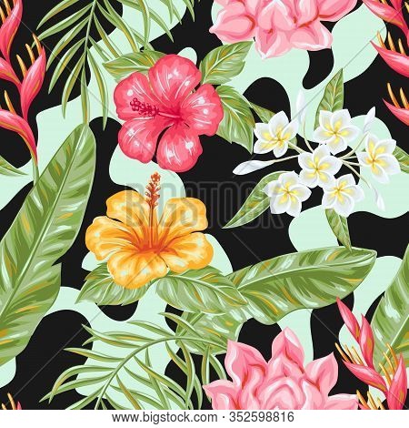 Seamless Pattern With Tropical Flowers And Leaves. Decorative Exotic Foliage, Palms And Plants.