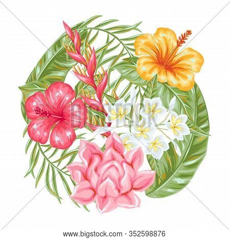 Background With Tropical Flowers And Leaves. Decorative Exotic Foliage, Palms And Plants.