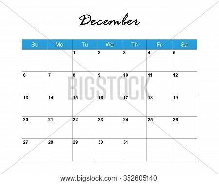 December. Calendar Planner 2020, Week Starts On Sunday. Part Of Sets Of 12 Months. Wall Desk Calenda