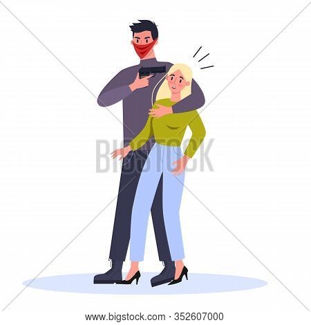Terrorist And Hostage. Man In Mask Holding Gun And Attack