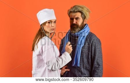 Call A Doctor At Home. Doctor Examining Patient. First Symptoms Of Flu Or Virus. Prescribe Bed Rest.