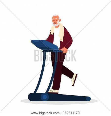 Old Man In The Gym. Senior Training On Treadmill. Fitness Program