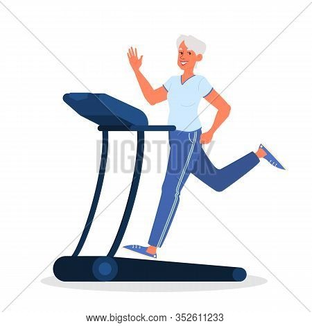 Old Woman In The Gym. Senior Training On Treadmill. Fitness Program
