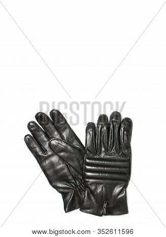 Black Classic Leather Mens Gloves On White Isolated Background Top View. Stylish Fashionable Winter 