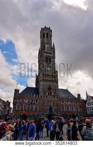 Bruges, Flanders, Belgium. August 2019. Markt Squere Is One Of The Most Important.  The Bell Tower O