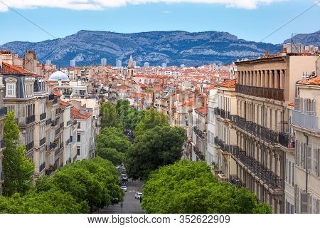 Aerial View Of Historical City Center Of Marseilles And Montee De La Bonne Mere, France
