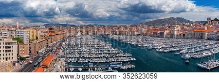 Panoramic View Of Sunny Old Vieux Port On Sunny Day In The Historical City Center Of Marseilles On S