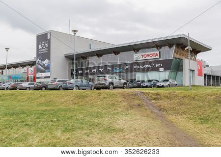 City Riga, Latvia. Toyota Dealer Center And Cars On The Street.