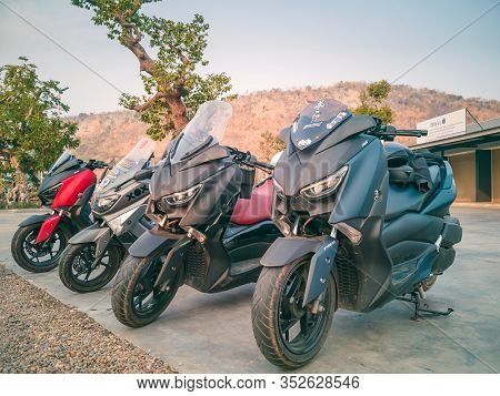 Kanchanaburi, Thailand - January 12, 2020 : Yamaha X-max Gang Were Parking In The Line For Meeting A