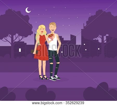 Couple In Love Having Date At Night, Happy Loving Couple On Romantic Date Vector Illustration