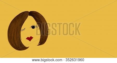 Two Tails Of Brown Hair Placed In Shape Of Girl's Bob Haircut,with Eyes And Lips Sketched In. Concep