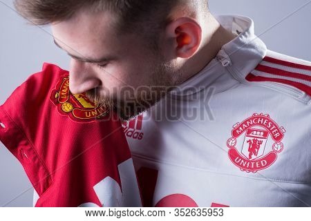 Zaporozhye, Ukraine. January 2020. Studio Portrait Of A Young Bearded Athlete Guy In A Sports Jacket