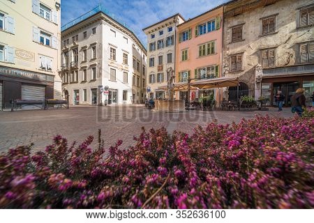 Rovereto, Italy - Feb 20, 2020: Medieval City Square Feb 20, 2020 In Rovereto, Italy. It Is A Landma