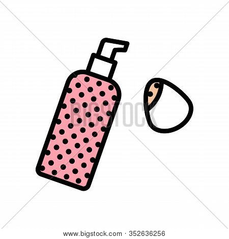 Vector Icon Tone Cream Bottle With Pump And Smeary Egg Sponge In Flat Style With Black Stroke, Pink 
