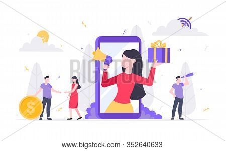 Refer A Friend Flat Style Design Vector Illustration Isolated On White Background. Woman With Megaph
