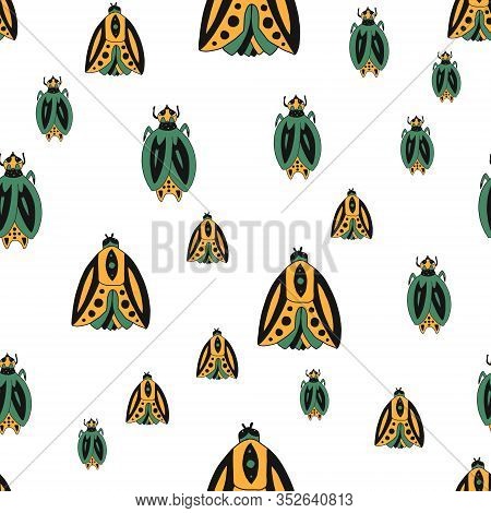 Vector Seamless Pattern With Cute Bugs.color Hand-drawn Illustration In The Cartoon Style On White B