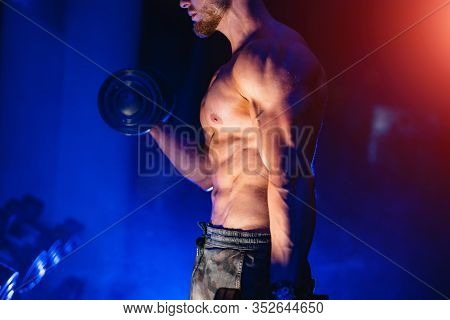 Athletic Body. Half Turned Model Guy Is Posing To The Camera In The Dark Blue Light Background. Alf 