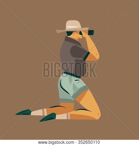 Hand Drawn Vector Stock Abstract Graphic Illustration With A Man Kneeling Looking Through Wildlife S