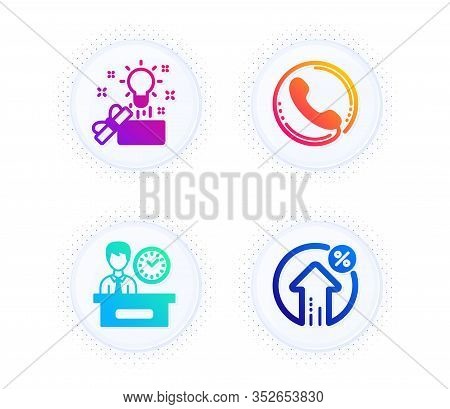 Call Center, Presentation Time And Creative Idea Icons Simple Set. Button With Halftone Dots. Loan P