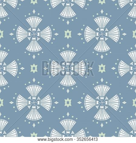 Vector Art Deco Style Inspired Geometric Lilies On Blue Seamless Pattern Background.