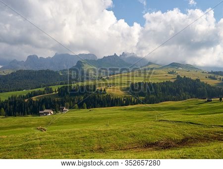 Aerial View With Drone Sassolungo Mountains On The Italian Alps Dolomites