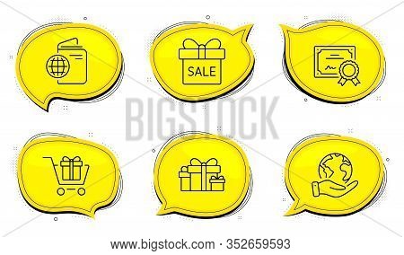 Holiday Presents Sign. Diploma Certificate, Save Planet Chat Bubbles. Shopping Cart, Travel Passport