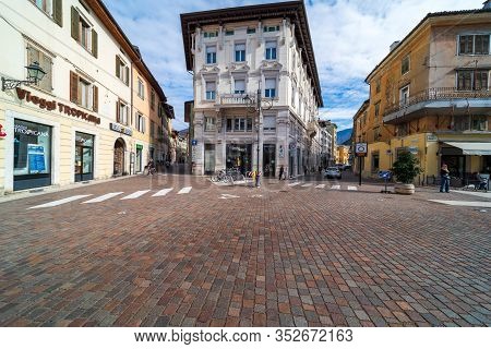 Rovereto, Italy - Feb 20, 2020: Medieval City Street Feb 20, 2020 In Rovereto, Italy. It Is A Landma