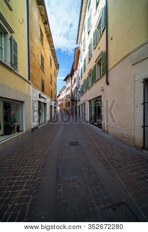 Rovereto, Italy - Feb 20, 2020: Medieval City Street Feb 20, 2020 In Rovereto, Italy. It Is A Landma