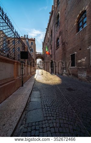 Rovereto, Italy - Feb 20, 2020: Medieval City Street Feb 20, 2020 In Rovereto, Italy. It Is A Landma
