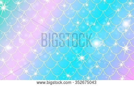 Mermaid Scales. Fish Squama. Kawaii Pattern. Watercolor Holographic Stars. Rainbow Background. Color