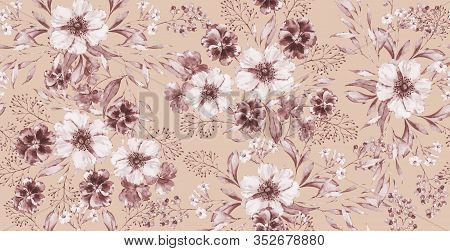 Watercolor Floral Vintage Seamless Pattern On Luxury Neuitral Print. Hand Painted Monochrome Floral 