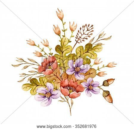 Watercolor Floral Composition Bouquet With Flower, Berries, Grass, Oak Leaves, Acorns. Delicate Hand
