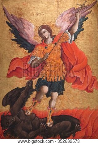 Meteora, Greece - March 17, 2018: Ancient Painting With Archangel Michael From Cemetery Church, 17-t