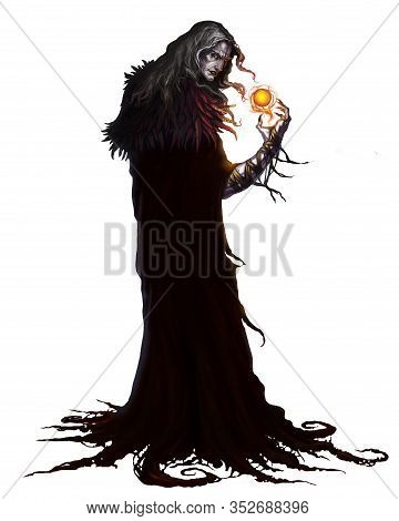 Black Magician Warlock. Black Magic Character On A White Background. Realistic Illustration Isolated
