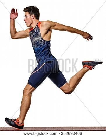 one young caucasian man practicing athletics runner running sprinter sprinting in studio isolated on white background