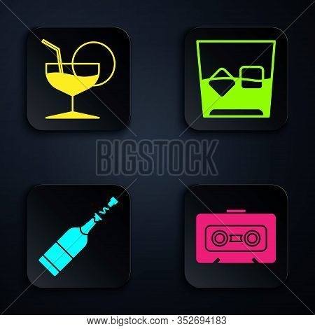 Set Retro Audio Cassette Tape , Martini Glass , Champagne Bottle And Glass Of Whiskey And Ice Cubes 