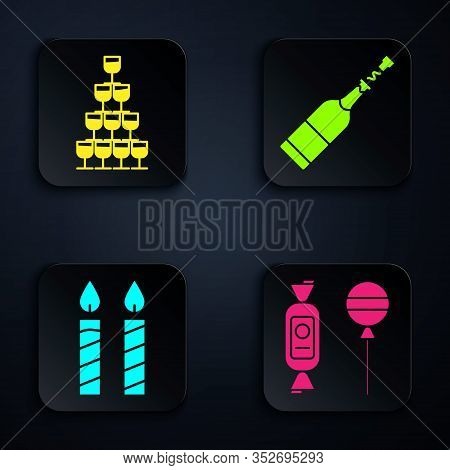 Set Lollipop , Wine Glasses Stacked In A Pyramid Tower , Birthday Cake Candles And Champagne Bottle 