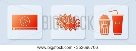 Set Bang Boom Text Speech Bubble Balloon , Online Play Video And Popcorn And Soda Drink Glass. White
